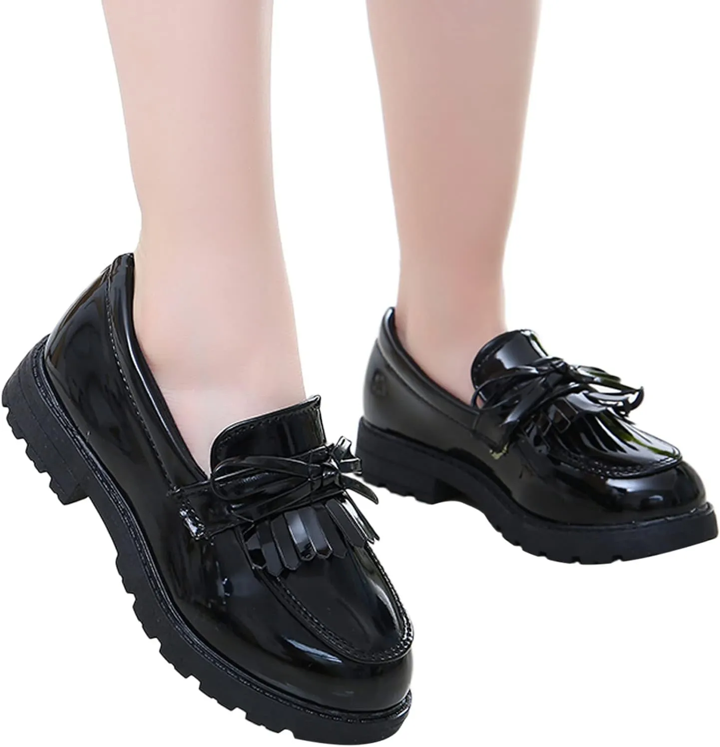 Girls Slip On Leather Loafer Tassel Bow Flats School Dress Shoes for Girls Fall Shows for Kids (Black, 32)