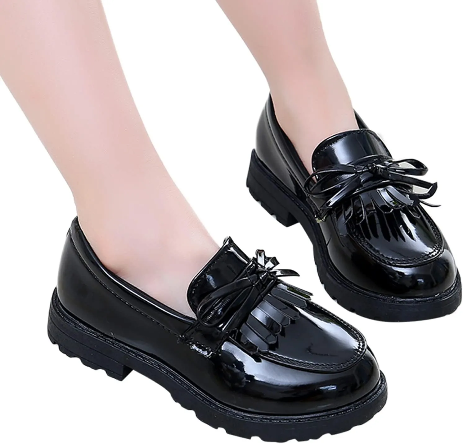 Girls Slip On Leather Loafer Tassel Bow Flats School Dress Shoes for Girls Fall Shows for Kids (Black, 32)