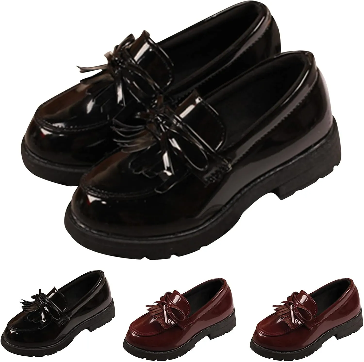 Girls Slip On Leather Loafer Tassel Bow Flats School Dress Shoes for Girls Fall Shows for Kids (Black, 32)