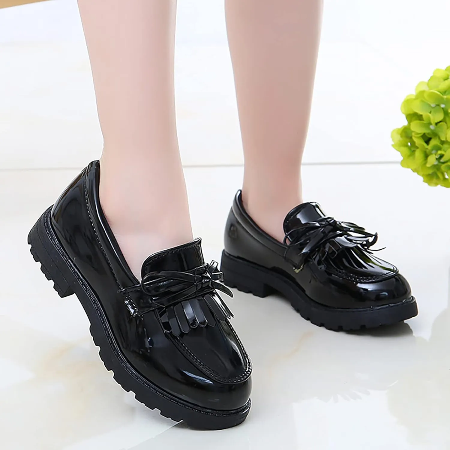 Girls Slip On Leather Loafer Tassel Bow Flats School Dress Shoes for Girls Fall Shows for Kids (Black, 32)