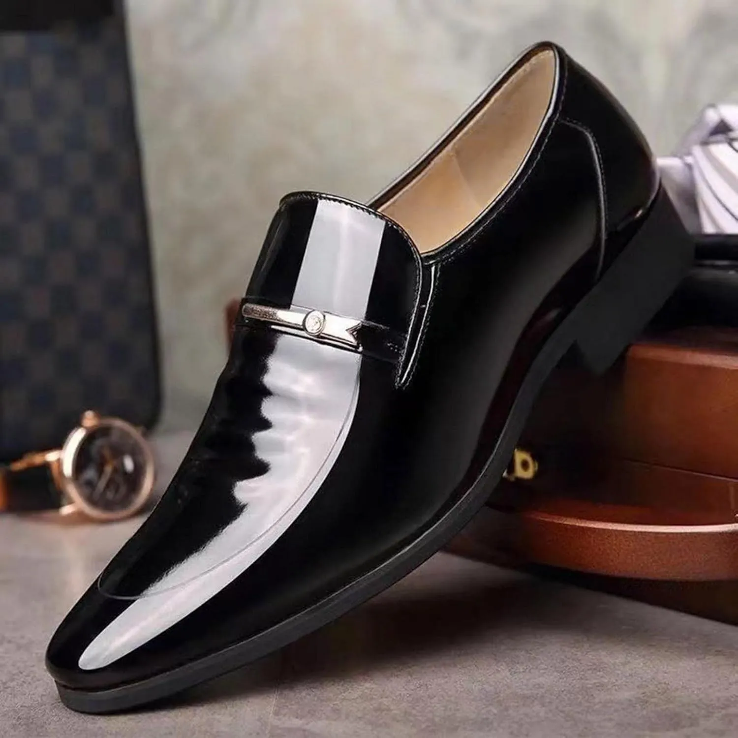 Hbeylia Mens Leather Dress Shoes Oxford Classic Fashion Metal Strip Formal Pu Tuxedo Oxford Wingtip Modern Derby Oxford Penny Loafers For Men Business Office Work Wedding Party