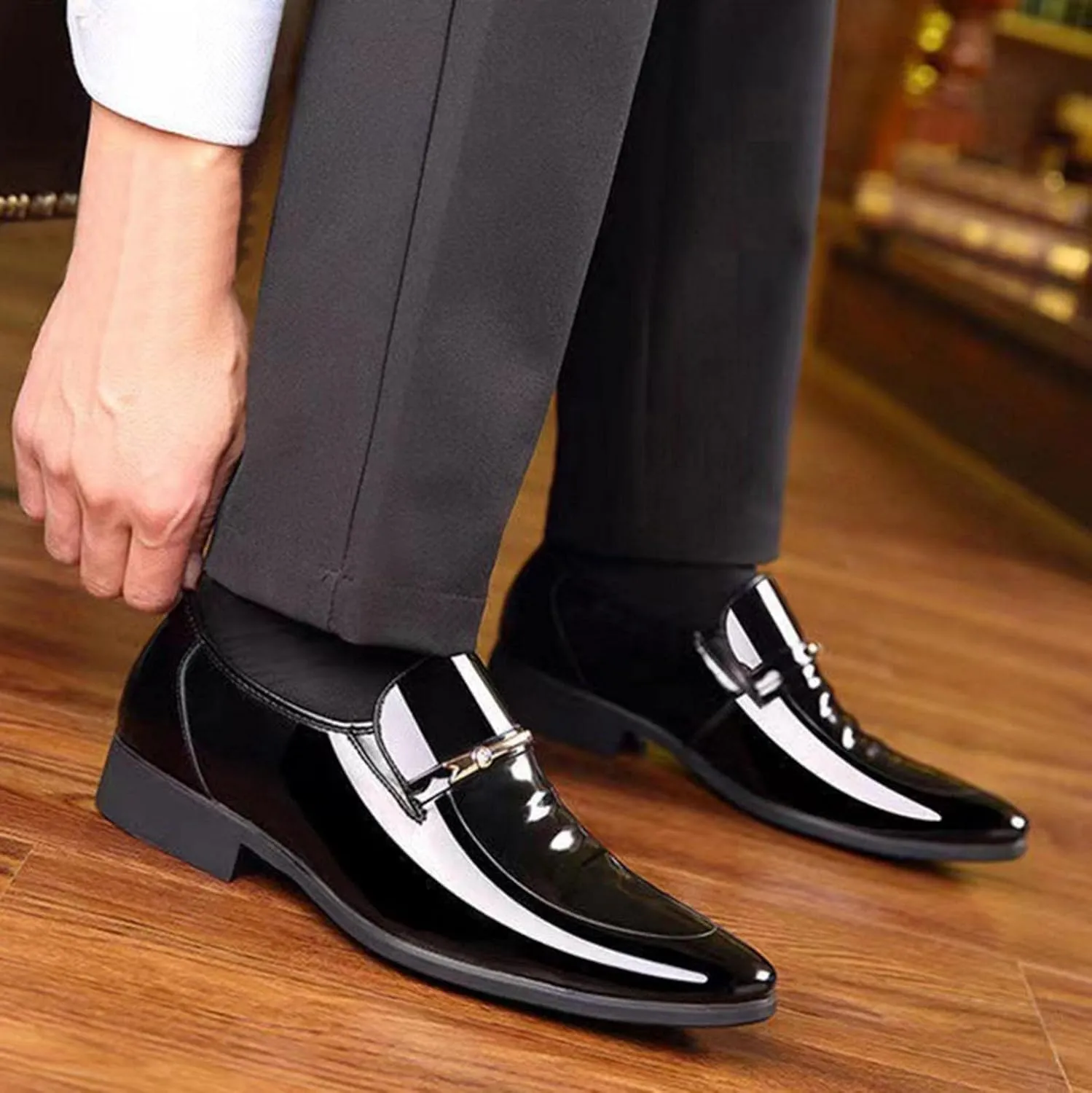 Hbeylia Mens Leather Dress Shoes Oxford Classic Fashion Metal Strip Formal Pu Tuxedo Oxford Wingtip Modern Derby Oxford Penny Loafers For Men Business Office Work Wedding Party