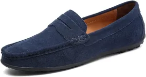 HOOENG Driving Moccasins Loafer Shoes for Men Genuine Leather Round Toe Stitching Details Suede Vamp Rubber Sole Penny Loafer Lightweight Anti-Slip Outdoor (Color : Dark Blue, Size : 8)