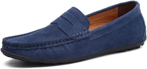 HOOENG Driving Moccasins Loafer Shoes for Men Genuine Leather Round Toe Stitching Details Suede Vamp Rubber Sole Penny Loafer Lightweight Anti-Slip Outdoor (Color : Deep Blue, Size : 9)