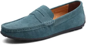 HOOENG Driving Moccasins Loafer Shoes for Men Genuine Leather Round Toe Stitching Details Suede Vamp Rubber Sole Penny Loafer Lightweight Anti-Slip Outdoor