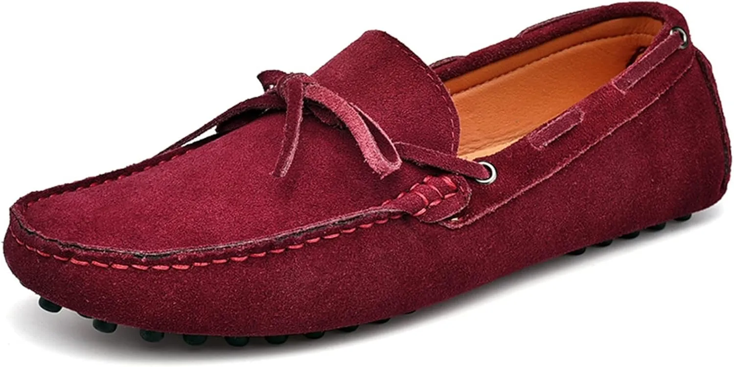 HOOENG Loafer Shoes for Men Deck Shoes 1-Eye Genuine Leather Stitching Details Suede Vamp Flat Heel Flexible Lightweight Resistant Casual Slip on (Color : Wine Red, Size : 11.5)