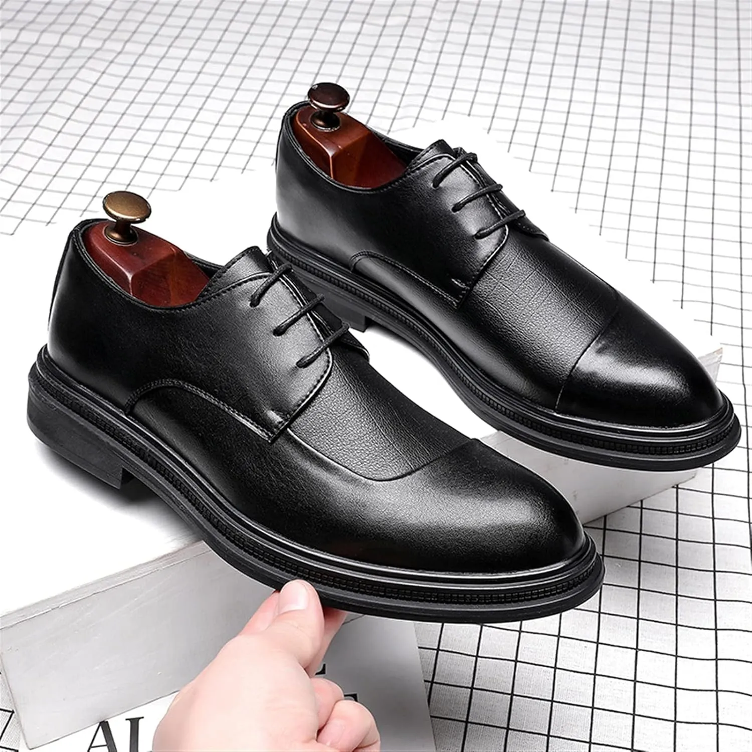 HOOENG Oxford Formal Shoes for Men Lace Up Derby Shoes Round Cap Toe Vegan Leather Non Slip Anti-Slip Low Top Block Heel Party