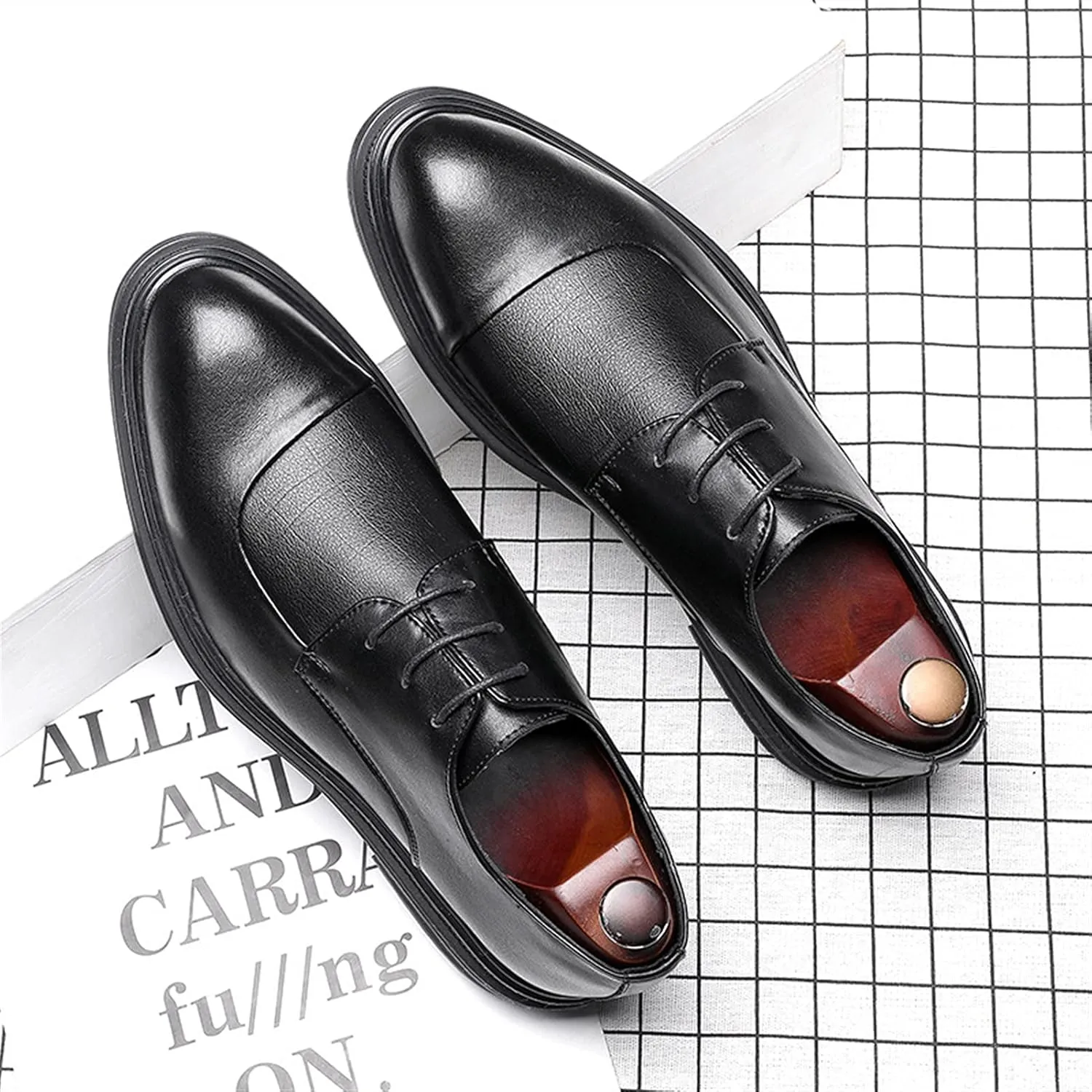 HOOENG Oxford Formal Shoes for Men Lace Up Derby Shoes Round Cap Toe Vegan Leather Non Slip Anti-Slip Low Top Block Heel Party
