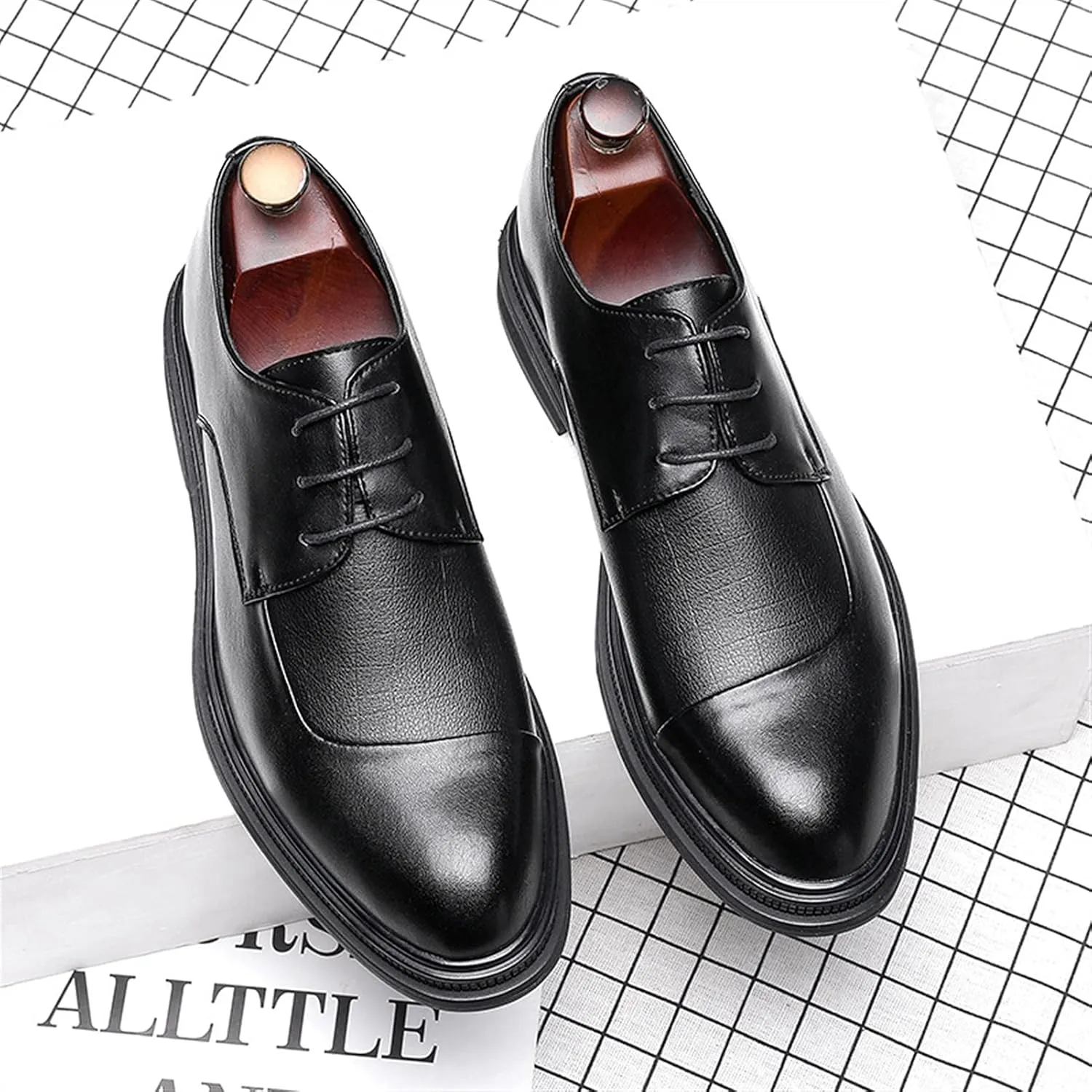 HOOENG Oxford Formal Shoes for Men Lace Up Derby Shoes Round Cap Toe Vegan Leather Non Slip Anti-Slip Low Top Block Heel Party