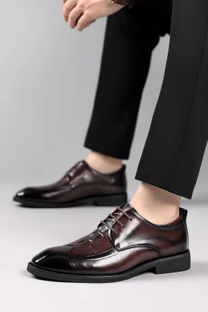 HOOENG Oxford Shoes for Men Lace Up Round Burnished Toe Brogue Embossed Crocodile Print Derby Shoes Block Heel Non Slip Resistant Party (Color : Brown, Size : 7)