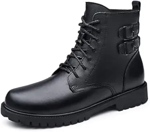 HOOENG Round Toe Lace Up Boots for Men Derby with Double Buckle PU Waterproof Slip Resistant Work Classic Dress