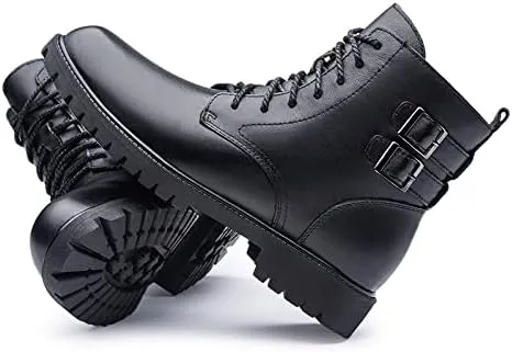 HOOENG Round Toe Lace Up Boots for Men Derby with Double Buckle PU Waterproof Slip Resistant Work Classic Dress