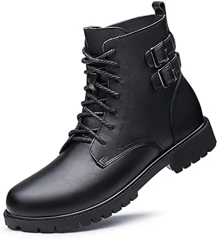 HOOENG Round Toe Lace Up Boots for Men Derby with Double Buckle PU Waterproof Slip Resistant Work Classic Dress