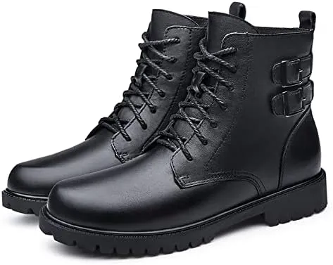 HOOENG Round Toe Lace Up Boots for Men Derby with Double Buckle PU Waterproof Slip Resistant Work Classic Dress