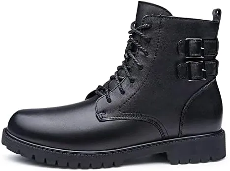 HOOENG Round Toe Lace Up Boots for Men Derby with Double Buckle PU Waterproof Slip Resistant Work Classic Dress