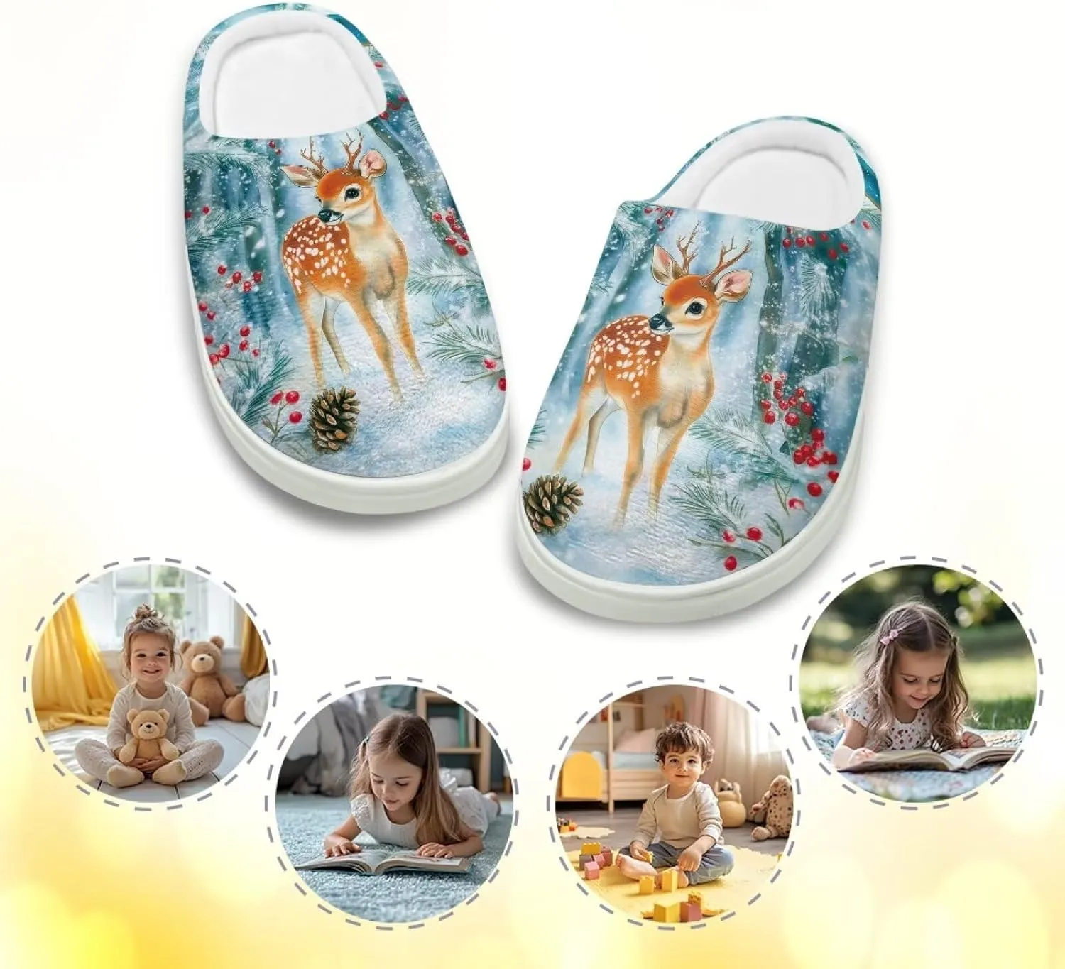 House Slippers for Kids Girls Fuzzy Christmas House Slippers Winter House Shoes-White