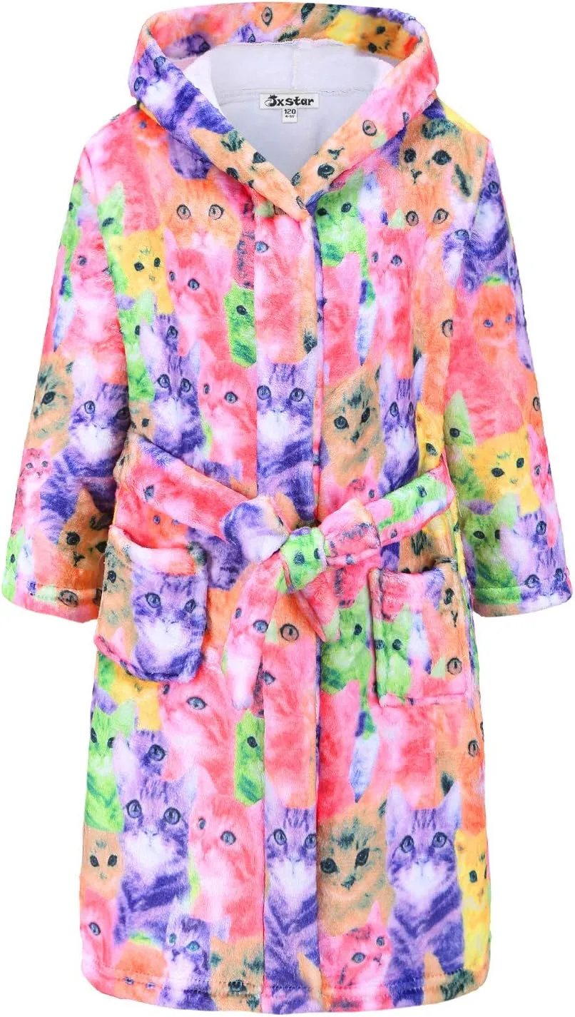 Jxstar Girls Bathrobes Kids Hooded Robes Plush Fleece Pajamas Soft Coral Sleepwear