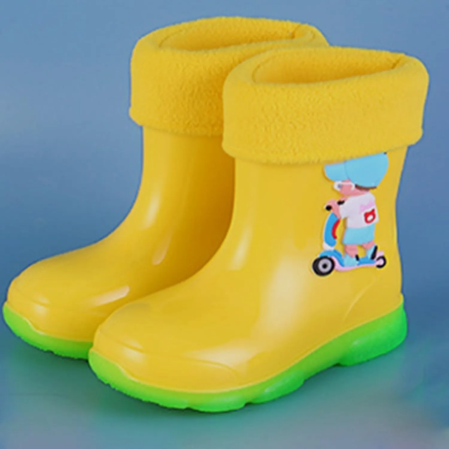 Kids Fleece Lined Rain Boots for Girls Boys Toddler Waterproof Cute Cartoon Pattern Platform Mud Kids Boots Size 3