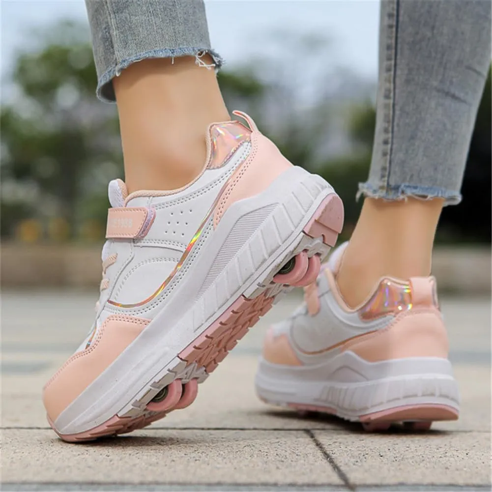 Kids Roller Skate Shoes Roller Sport Sneakers Shoes for Boys Girls Outdoor Running Sneakers with 4-Wheels Unisex Child Retractable Sneakers Shoes for Birthday Children Show Gift, Pink B