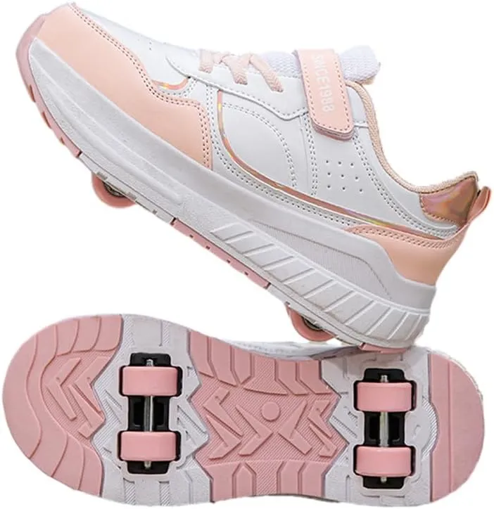 Kids Roller Skate Shoes Roller Sport Sneakers Shoes for Boys Girls Outdoor Running Sneakers with 4-Wheels Unisex Child Retractable Sneakers Shoes for Birthday Children Show Gift, Pink B