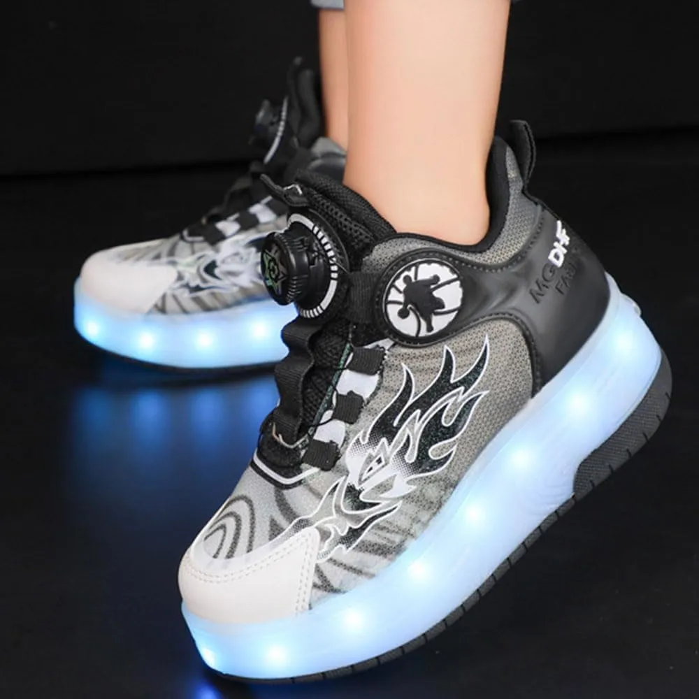 Kids Roller Skates Shoes Sneakers for Boys & Girls, Automatic Retrectable Technical Skateboarding Skates for Shiny Sneakers Black Blue for Girls Boys Novel Gift
