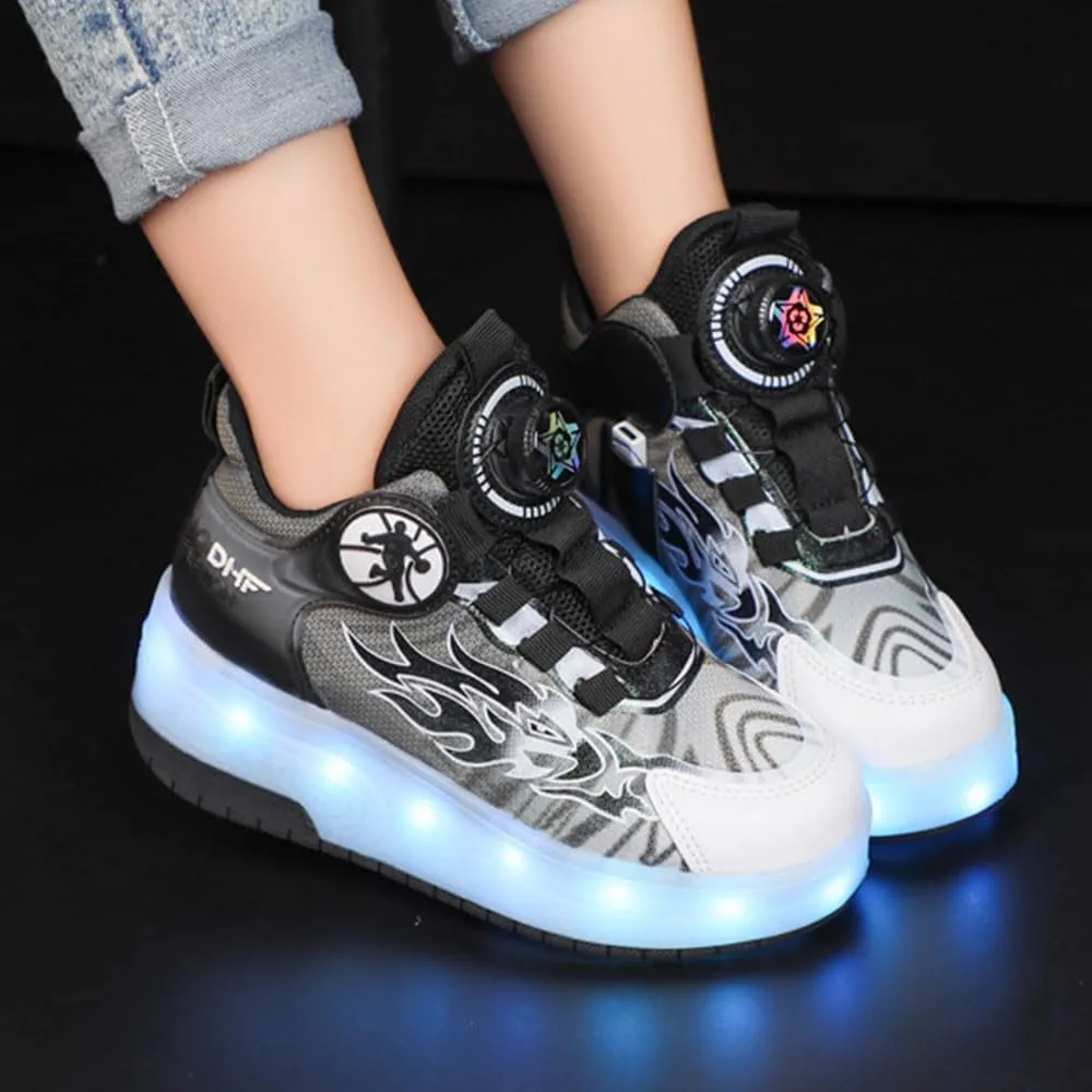 Kids Roller Skates Shoes Sneakers for Boys & Girls, Automatic Retrectable Technical Skateboarding Skates for Shiny Sneakers Black Blue for Girls Boys Novel Gift