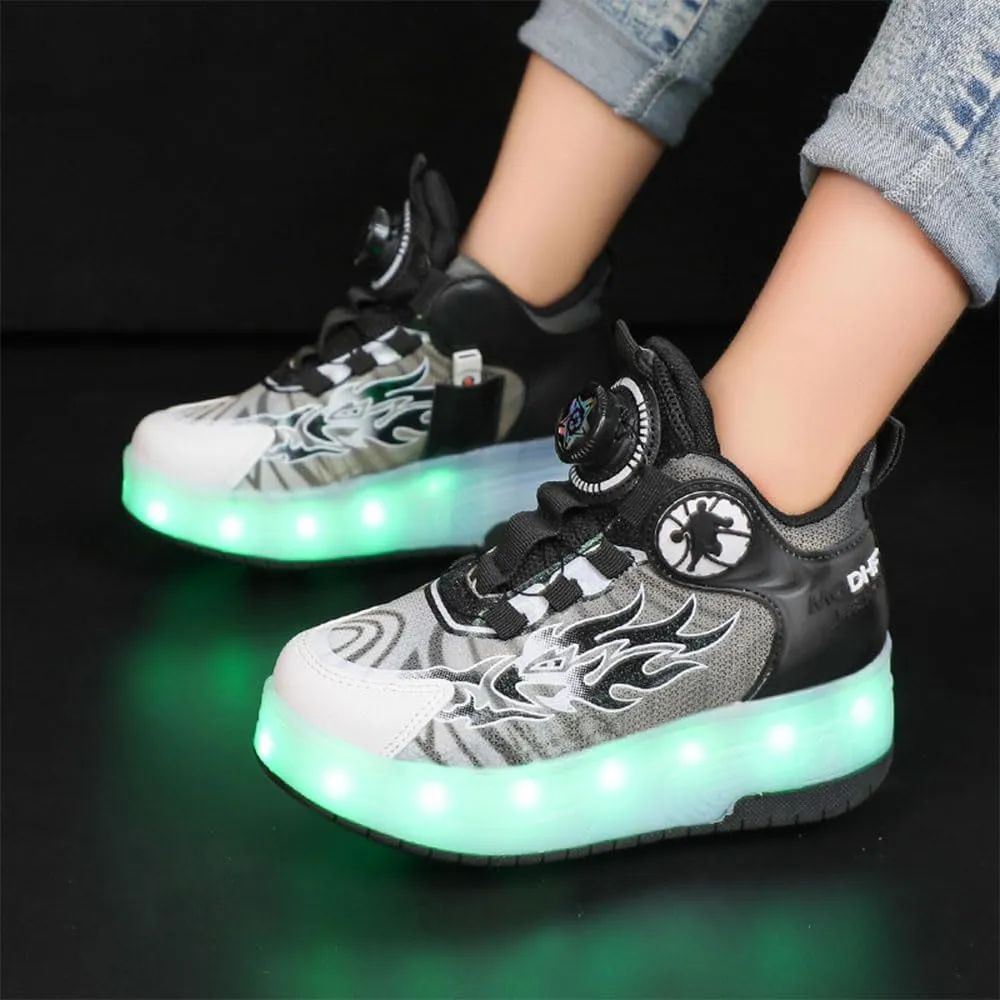 Kids Roller Skates Shoes Sneakers for Boys & Girls, Automatic Retrectable Technical Skateboarding Skates for Shiny Sneakers Black Blue for Girls Boys Novel Gift