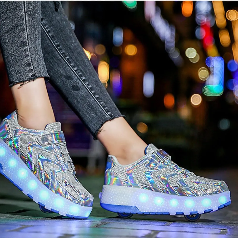 Kids Roller Skates Shoes Sneakers for Boys & Girls, USB Recharge Multiple Colour LED Automatic Retrectable Technical Skateboarding Skates for Light up Shiny Sneakers for Boys Girls Novel Gift, Gold