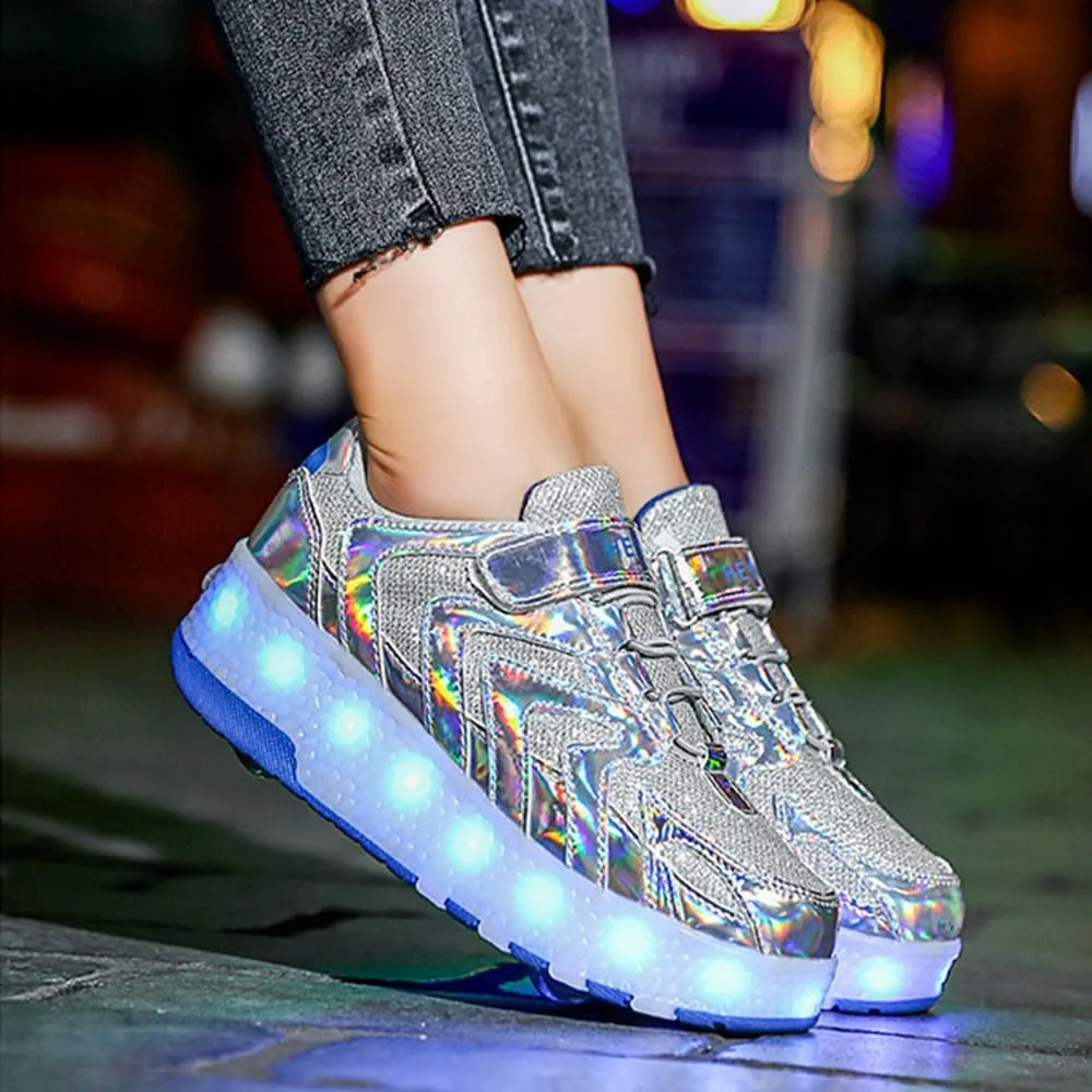 Kids Roller Skates Shoes Sneakers for Boys & Girls, USB Recharge Multiple Colour LED Automatic Retrectable Technical Skateboarding Skates for Light up Shiny Sneakers for Boys Girls Novel Gift, Gold