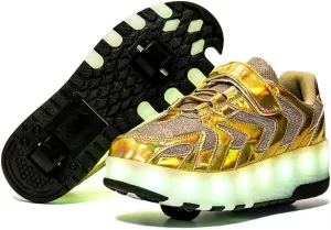 Kids Roller Skates Shoes Sneakers for Boys & Girls, USB Recharge Multiple Colour LED Automatic Retrectable Technical Skateboarding Skates for Light up Shiny Sneakers for Boys Girls Novel Gift, Gold