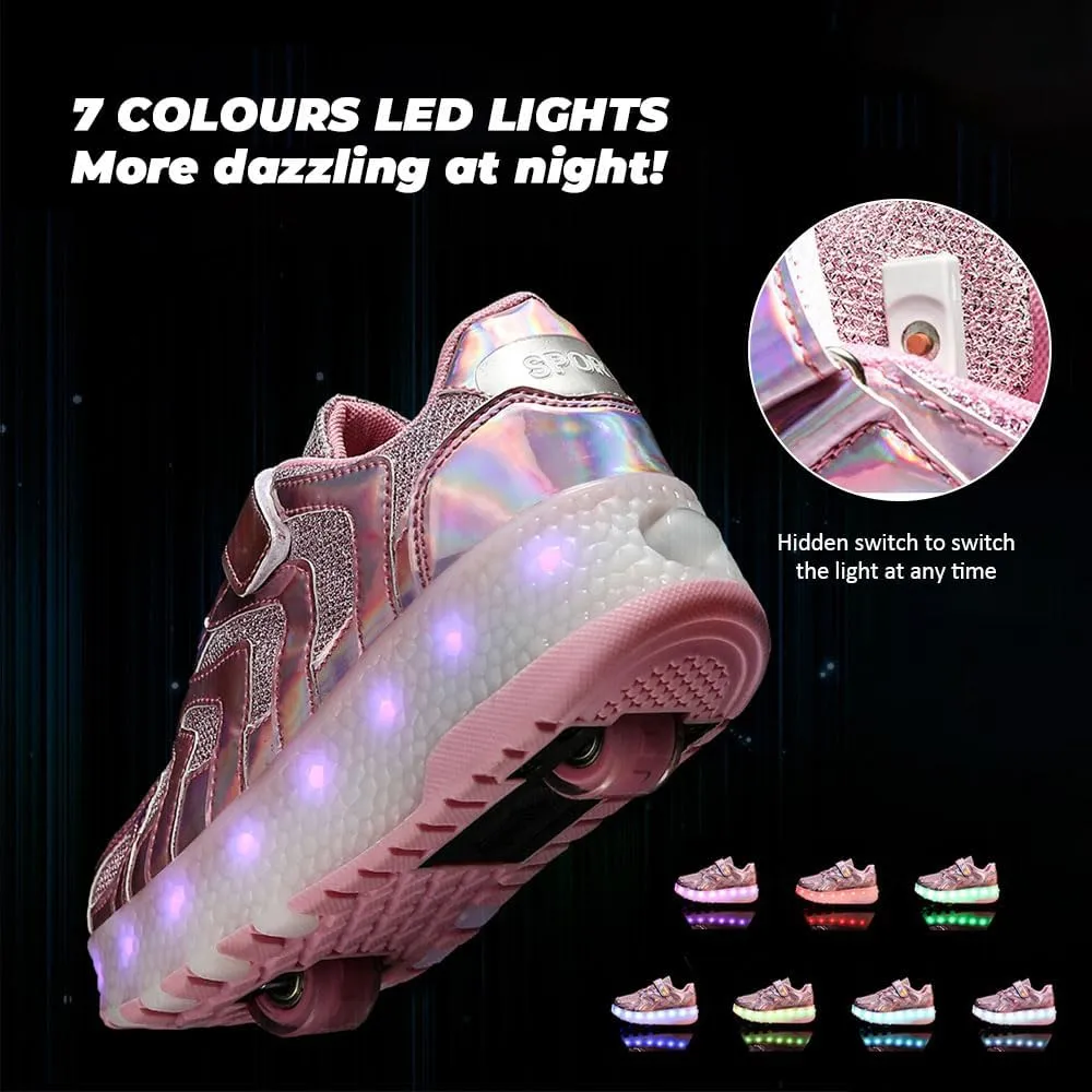 Kids Roller Skates Shoes Sneakers for Boys & Girls, USB Recharge Multiple Colour LED Automatic Retrectable Technical Skateboarding Skates for Light up Shiny Sneakers for Boys Girls Novel Gift, Gold