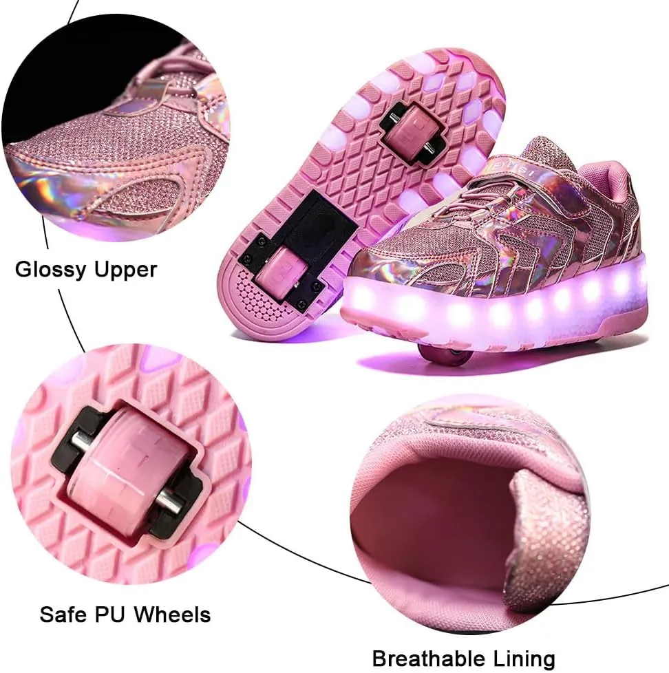 Kids Roller Skates Shoes Sneakers for Boys & Girls, USB Recharge Multiple Colour LED Automatic Retrectable Technical Skateboarding Skates for Light up Shiny Sneakers for Boys Girls Novel Gift, Gold