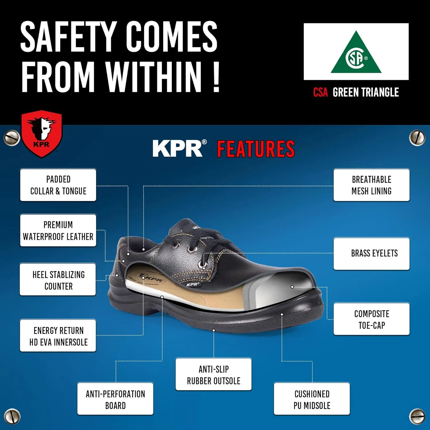 KPR Safety O010 Men's ASTM Approved Composite Toe Safety Shoes ESD Antislip Waterproof Wide Width