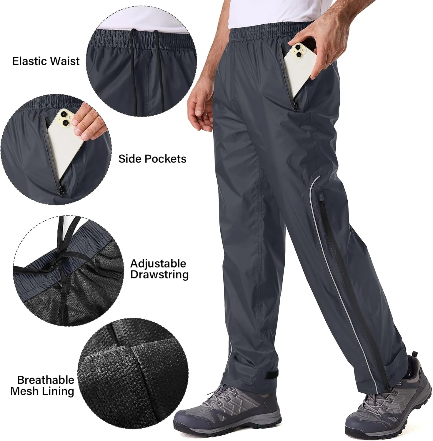 Men Waterproof Rain Pants Windproof Hiking Pants for Outdoor Fishing Bikng Golf Motorcycle Cycling Bushwalking Rowing