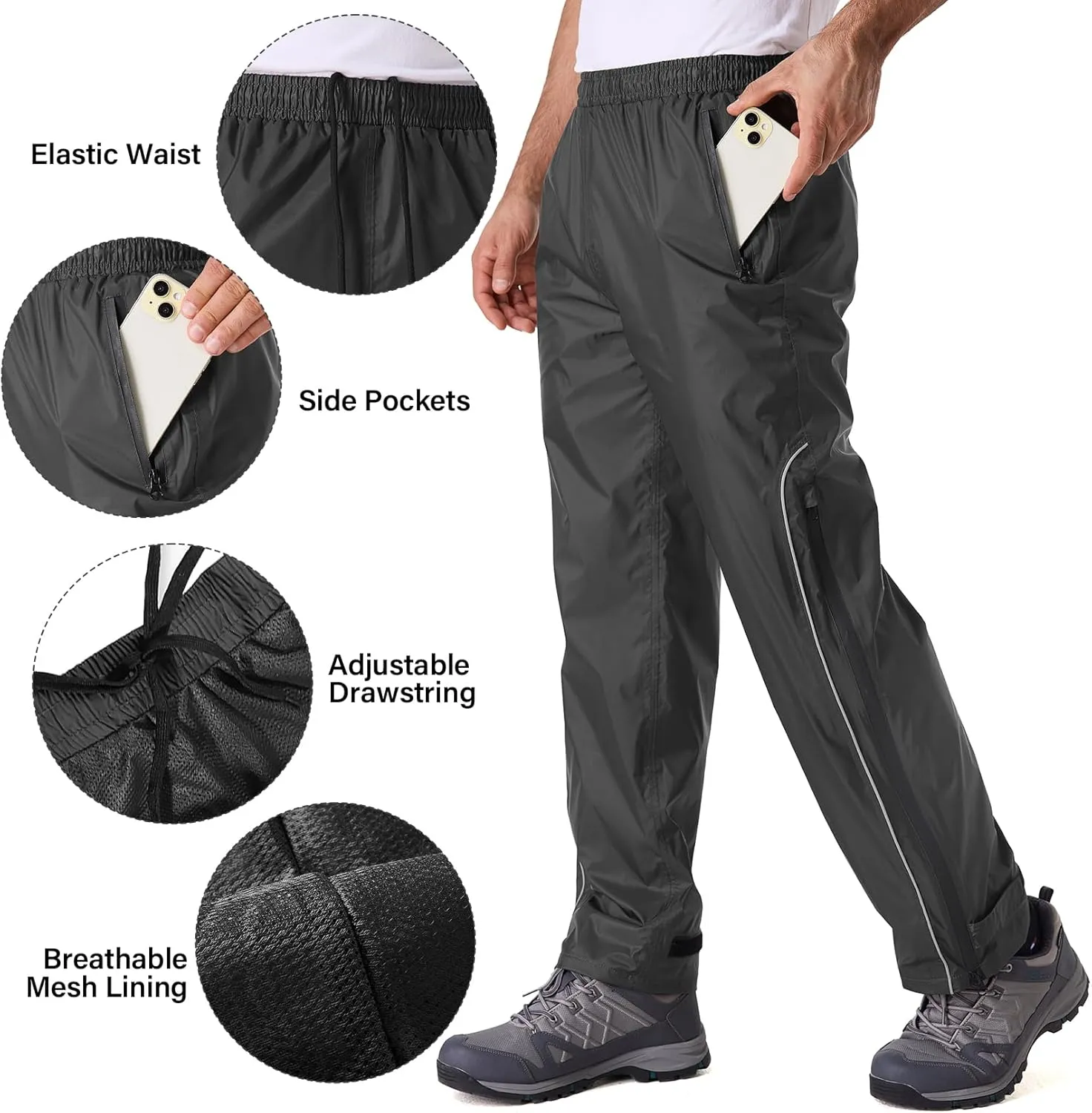 Men Waterproof Rain Pants Windproof Hiking Pants for Outdoor Fishing Bikng Golf Motorcycle Cycling Bushwalking Rowing