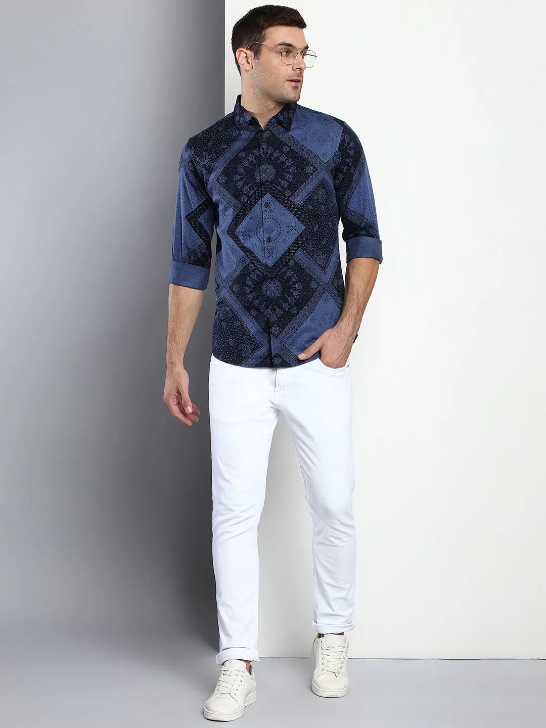 Men's Abstract Print Navy Slim Fit Cotton Casual Shirt With Spread Collar & Full Sleeves