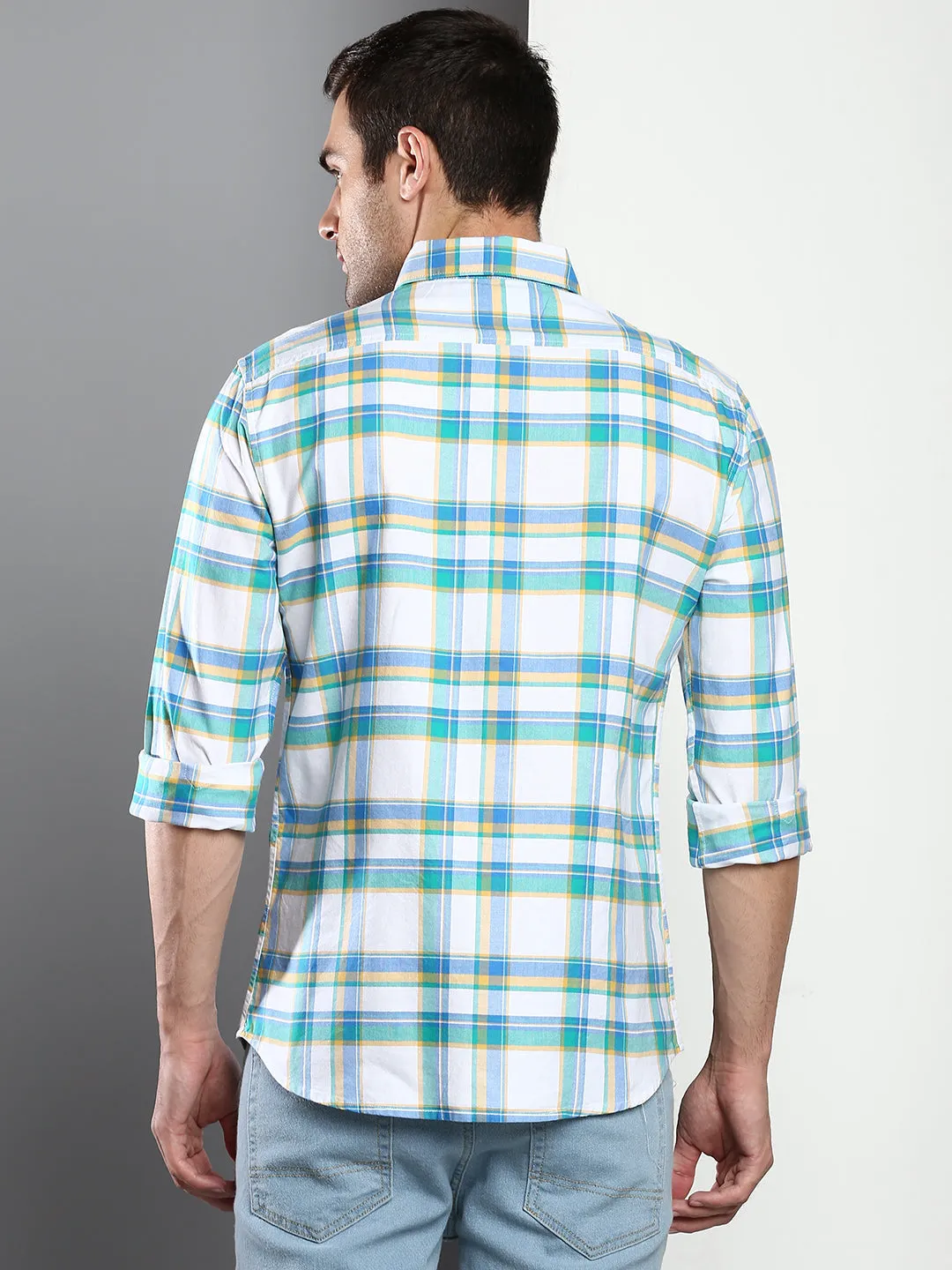 Men's Checkered Blue Slim Fit Oxford Cotton Casual Shirt With Button Down Collar & Full Sleeves