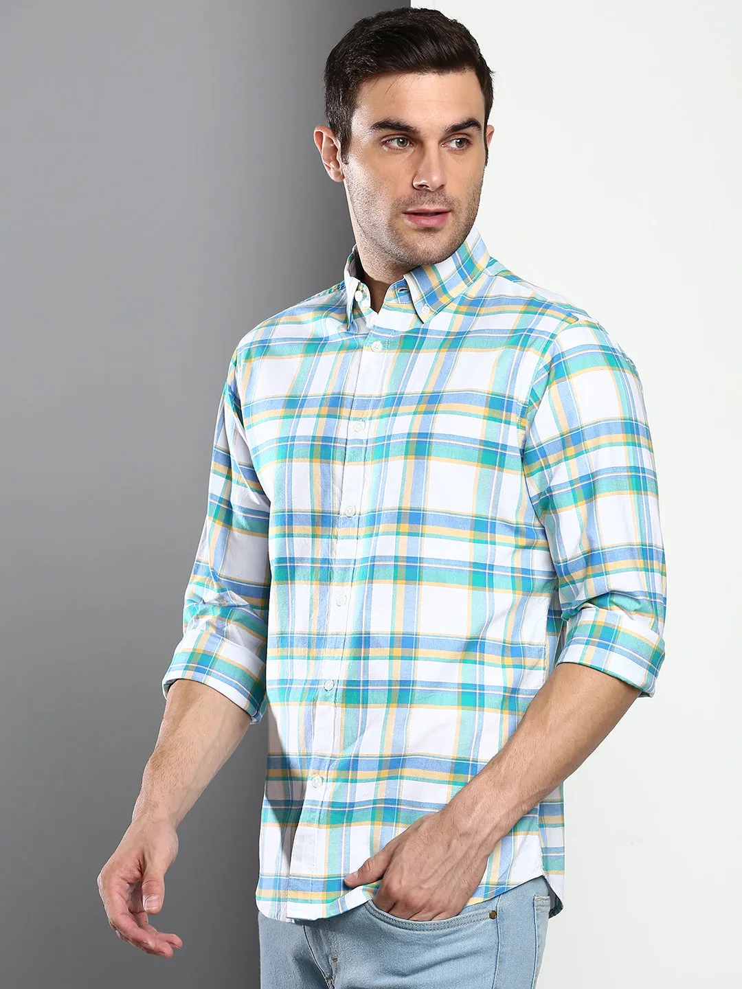 Men's Checkered Blue Slim Fit Oxford Cotton Casual Shirt With Button Down Collar & Full Sleeves