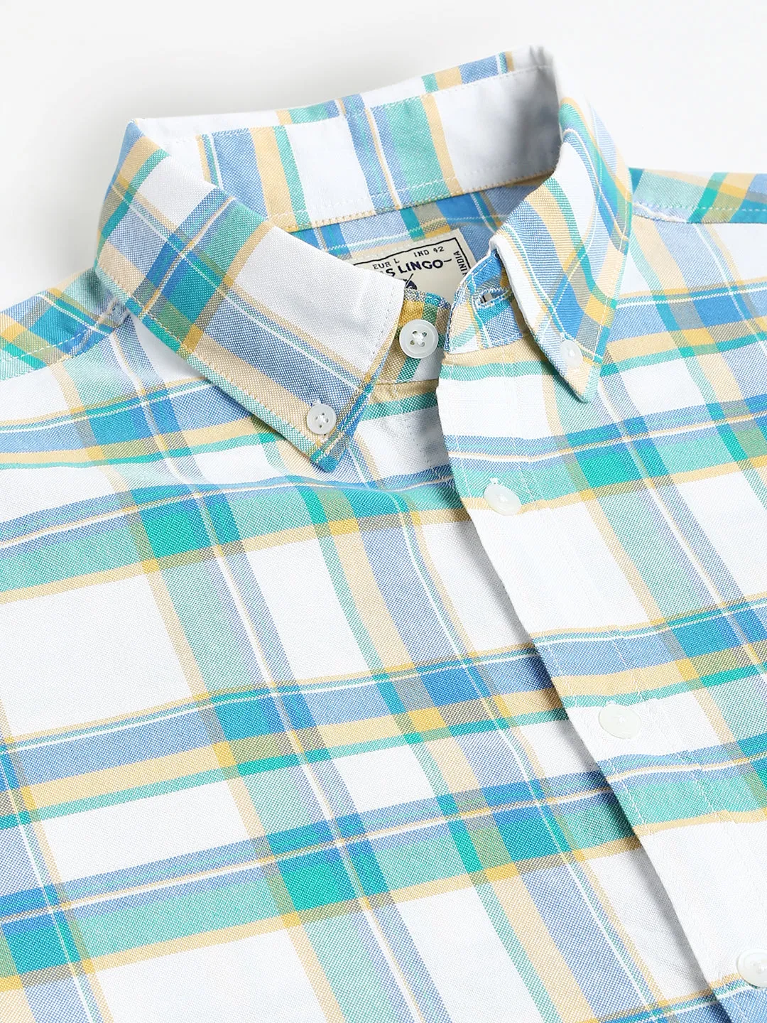 Men's Checkered Blue Slim Fit Oxford Cotton Casual Shirt With Button Down Collar & Full Sleeves