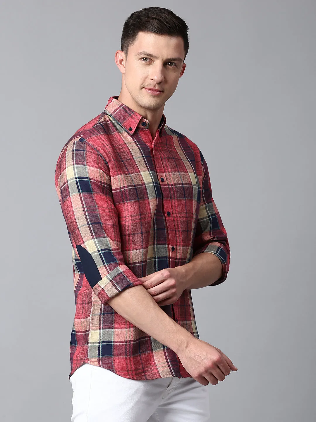 Men's Checkered Red Slim Fit Casual Shirt With Button Down