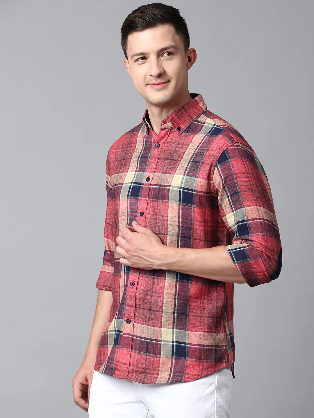 Men's Checkered Red Slim Fit Casual Shirt With Button Down