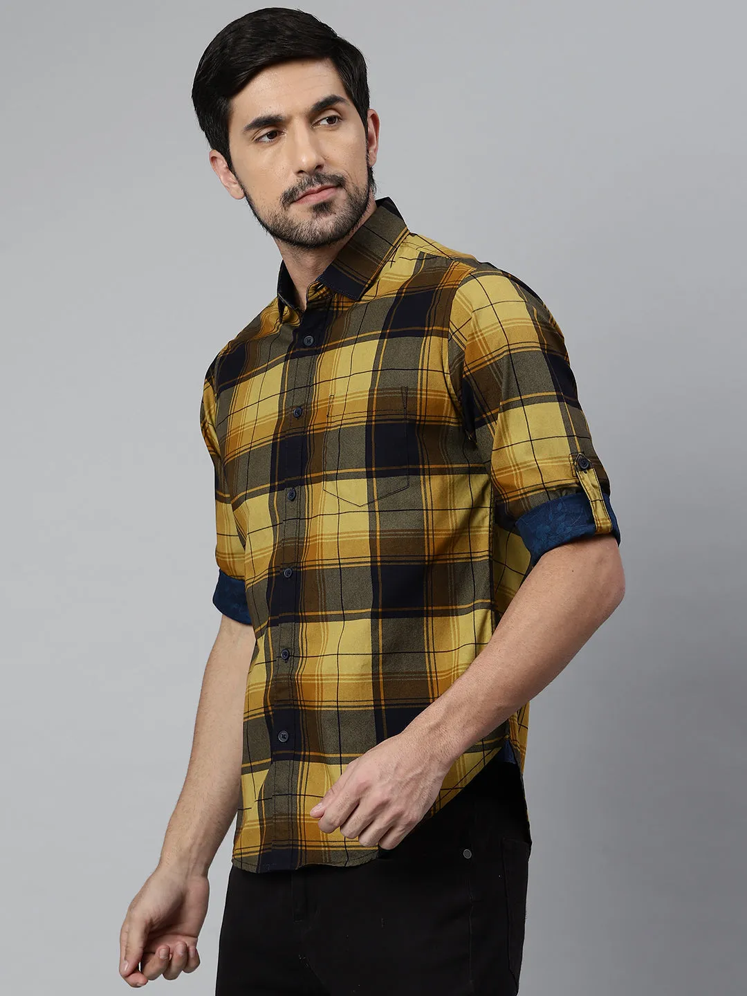 Men's Cotton Checkered Mustard Slim Fit Casual Shirt