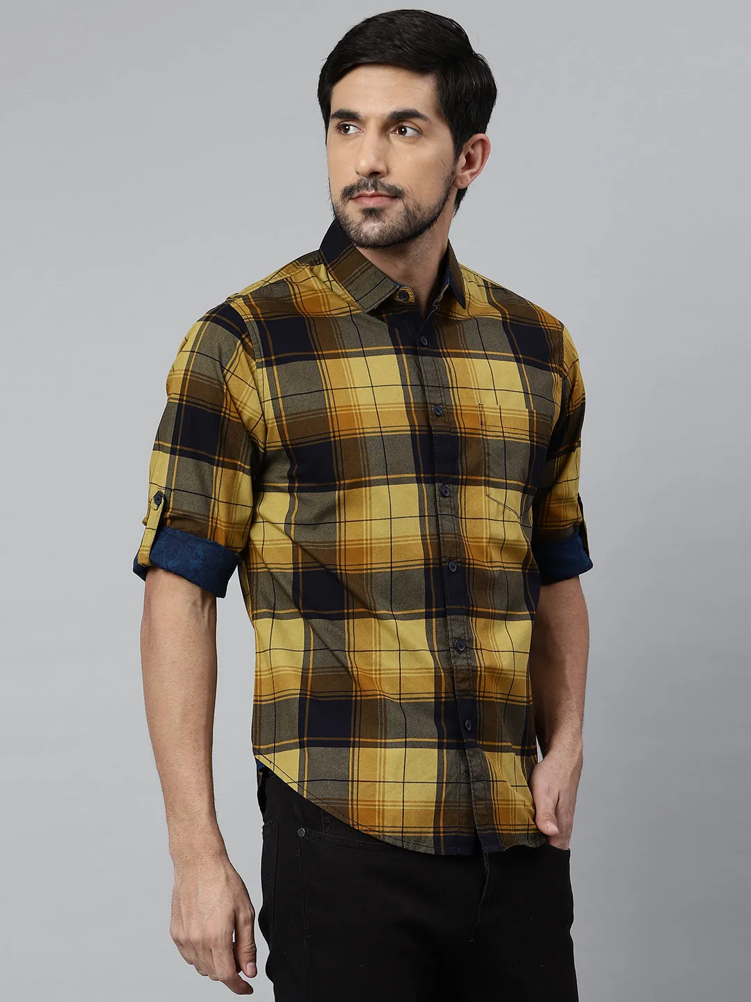 Men's Cotton Checkered Mustard Slim Fit Casual Shirt
