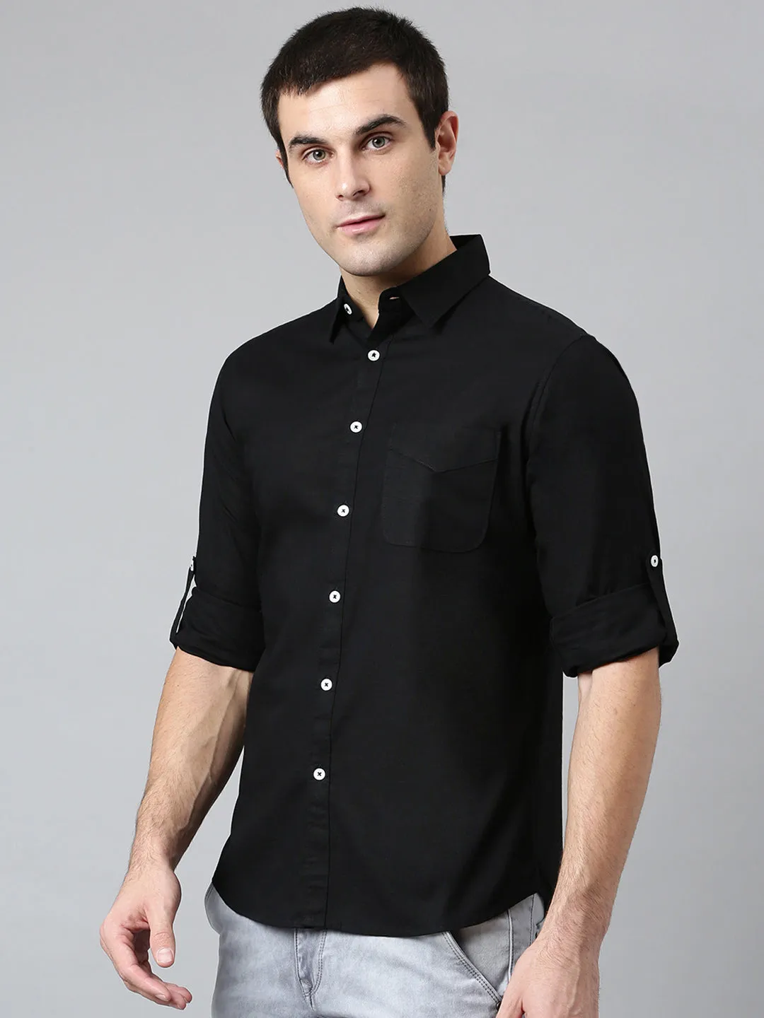 Men's Cotton Solid Black Slim Fit Casual Shirt