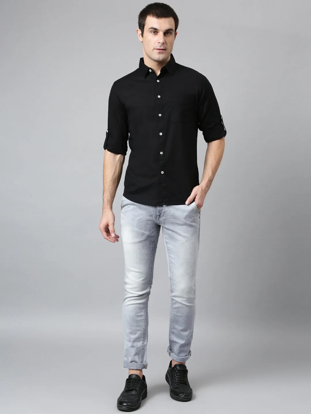 Men's Cotton Solid Black Slim Fit Casual Shirt