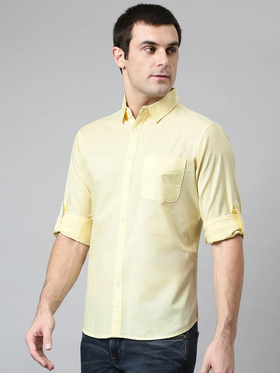 Men's Cotton Solid Lemon Slim Fit Casual Shirt