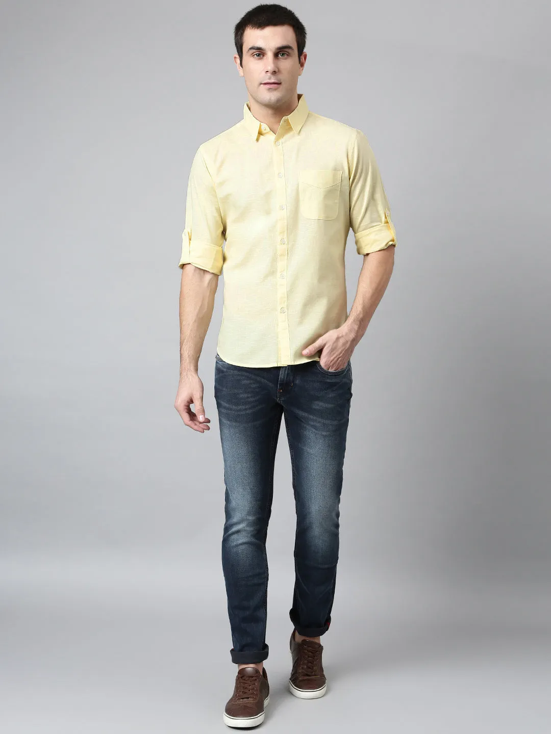 Men's Cotton Solid Lemon Slim Fit Casual Shirt