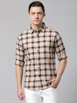 Men's Cuban Collar Slim Fit Stripes Khaki Casual Shirt