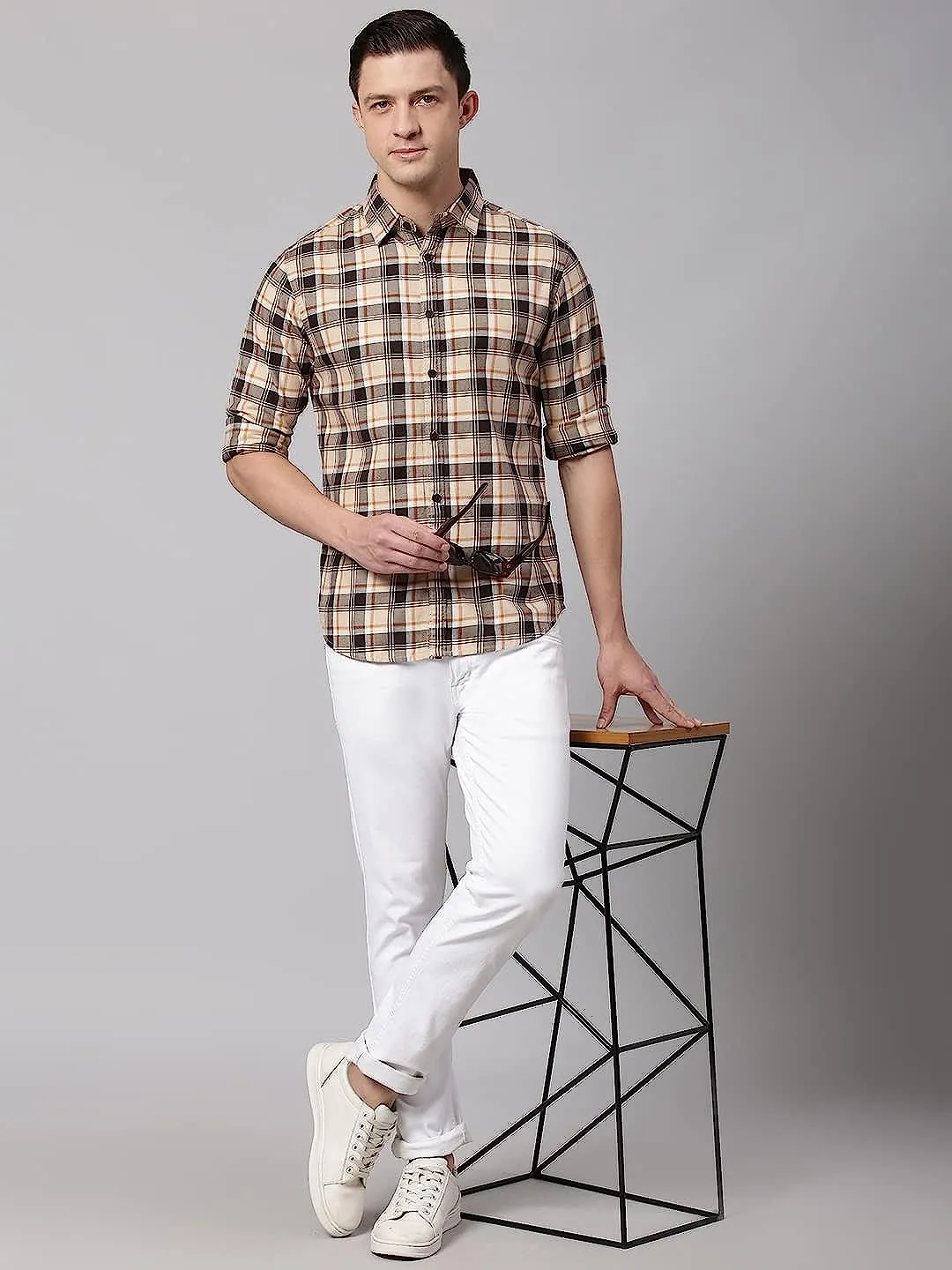 Men's Cuban Collar Slim Fit Stripes Khaki Casual Shirt