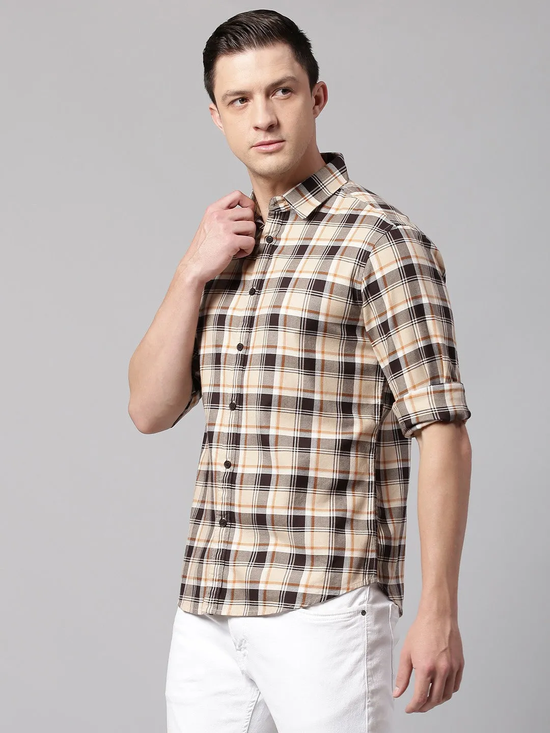 Men's Cuban Collar Slim Fit Stripes Khaki Casual Shirt